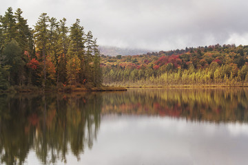 Fototapeta na wymiar foggy morning autumn colors reflection