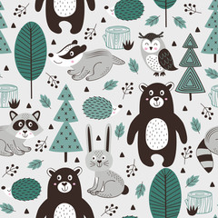 seamless pattern with forest animals on gray background Scandinavian style - vector illustration, eps