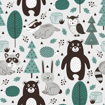 Seamless Pattern With Forest Animals On Gray Background Scandinavian Style - Vector Illustration, Eps