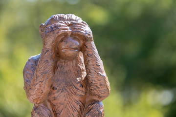 Monkey statue, so no evil, hear no evil, speak no evil, closeup, carving, cute, 
