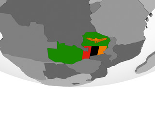 Zambia with flag on globe