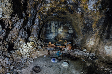 Abandoned mine. Dead end. Abandoned stone development of galleries