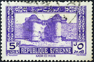 Ancient city gate on old syrian postage stamp