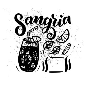 Freehand sketch style drawing of sangria, cocktail glass, various fruits and hand written lettering. Spanish Cocktail recipe. Vector illustration