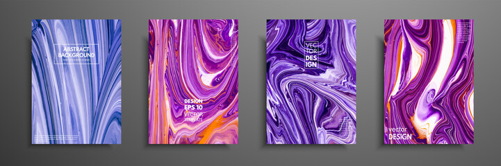 Set of universal vector cards. Liquid marble texture. Colorful design for invitation, placard, brochure, poster, banner, flyer. Artistic covers design. Creative fluid colors backgrounds