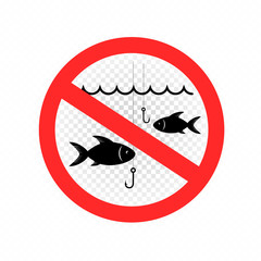 Fishing is prohibited sign icon on white transparent background. No fish symbol