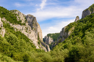 Fototapeta na wymiar Turda gorge, Romania. The entrance of a spectacular cliff gorge called Cheile Turzii (Turda gorge). Steep rock with forest and mountains near Turda, transylvania, Romania.