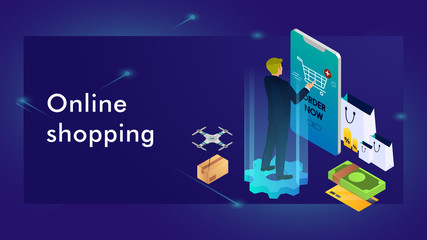 Concept of e-commerce sales, online shopping, digital marketing. Isometric vector illustration