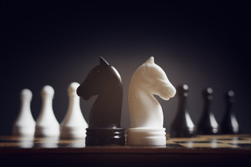 Chess pieces knights facing each other for a standoff. Chess knights confronting each other. Chess...