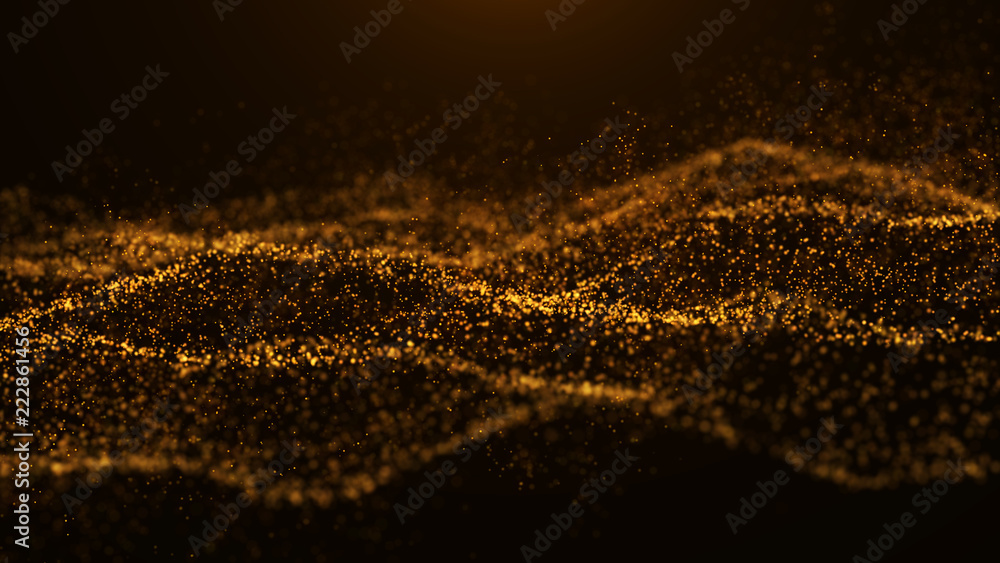 Poster Wave of particles. Abstract particle. Data visualization. Abstract digital background. 4k rendering.