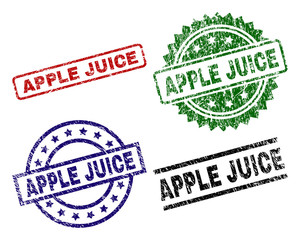 APPLE JUICE seal prints with distress surface. Black, green,red,blue vector rubber prints of APPLE JUICE tag with unclean surface. Rubber seals with circle, rectangle, rosette shapes.