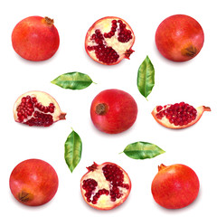 Fresh delicious pomegranate isolated on white background. Creative minimalistic food concept. Top view. Flat lay.