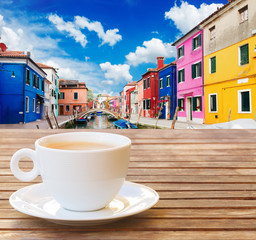 Fototapeta na wymiar Cup of coffee in Burano island, Venice Italy