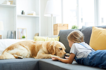 Little girl lying on sofa in front of her pet and trying to play with the dog