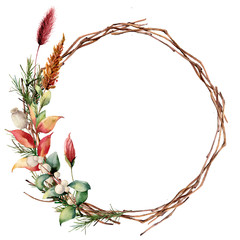 Watercolor wreath with leaves and tree branch. Hand painted tree border with snowberry, dahlia and leaves, lagurus isolated on white background. Illustration for design, fabric or background. © yuliya_derbisheva