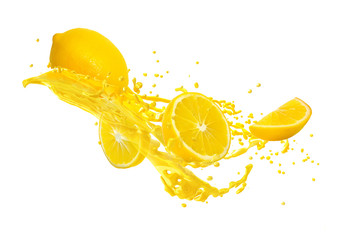 Juice or liquid splashing with yellow lemon isolated on white background. Creative minimalistic...