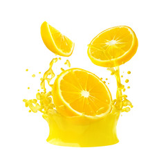 Juice or liquid splashing with yellow lemon isolated on white background. Creative minimalistic food concept for design package, advertising, ads, branding.