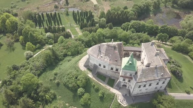 Aerial fast mooving drone footage to historic castle in Olesko - famous ukrainian sightseeing, Lviv region, Ukraine