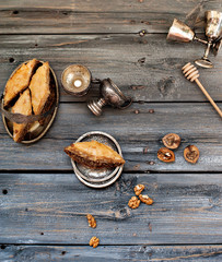 Pieces of tasty sweet pie on a metal dish