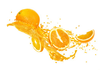 Juice or liquid splashing with fresh orange isolated on white background. Creative minimalistic food concept for design package, advertising, ads, branding.