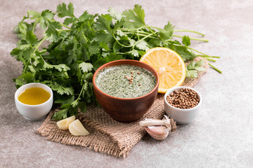 Sweet and sour green homemade sauce with cilantro, lemon and garlic
