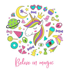 magic unicorn and collection cute stickers  - vector illustration, eps