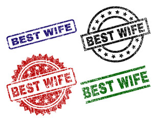 BEST WIFE seal prints with corroded texture. Black, green,red,blue vector rubber prints of BEST WIFE label with corroded texture. Rubber seals with circle, rectangle, medallion shapes.