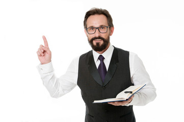 Man got new idea keeping finger up with open notebook. Man write business idea down in notebook. I shall only note this. Finding inspiration for a business