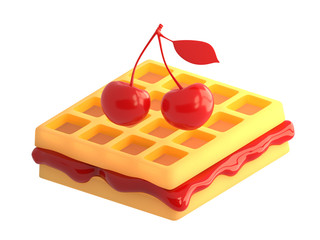 Cherry and waffles on a white background. 3D rendering.