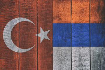 Russian and Turkish National Flags on a Wooden Background. Russia and Turkey Flag Wood Texture.