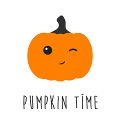 Pumpkin time cute winking character with text. 