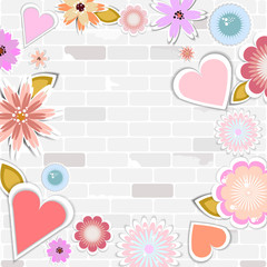 template for card, wedding,party invitation, postcard,empty white frame with brick background with flowers and hearts