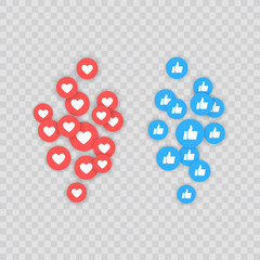 Like and Heart icon. Live stream video, chat, likes. Social nets like red heart web buttons isolated on white background. Vector illustaration. - obrazy, fototapety, plakaty
