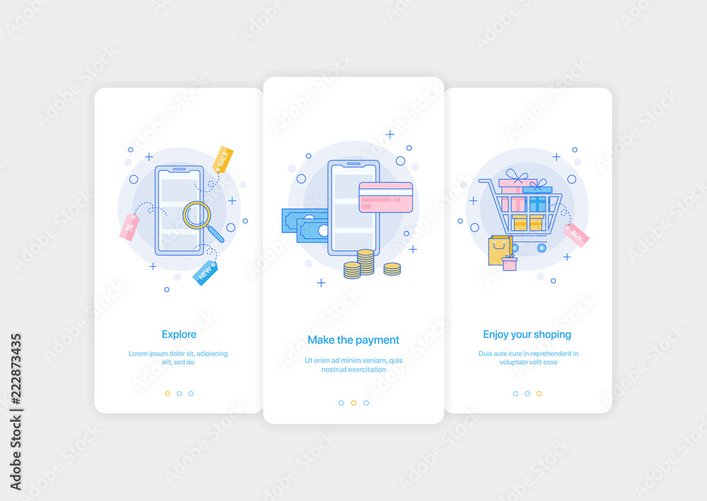 Aufkleber mobile app intro screens. application templates concept vector onboarding illustration flat design