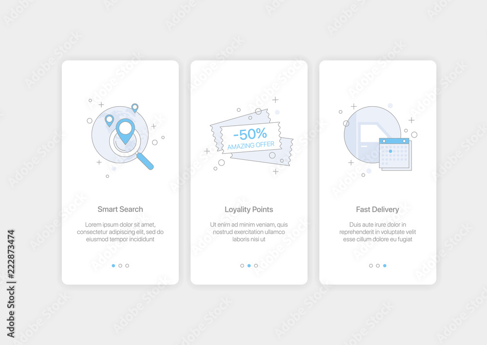 Aufkleber mobile app intro screens. application templates concept vector onboarding illustration flat design