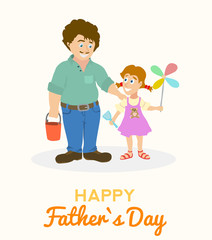 Father and daughter together with toys, positive cartoon illustration.
