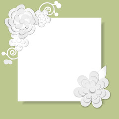 Template for postcard, invitation, wedding, party card with white square frame and paper flowers on green background