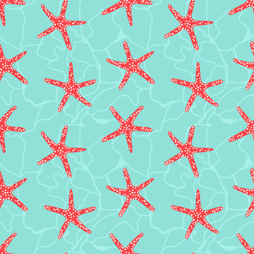 Seamless pattern with star fish. Underwater background.