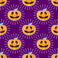 Happy Halloween jackolantern seamless pattern. Jack lantern with rays. Vector illustration isolated on purple background.