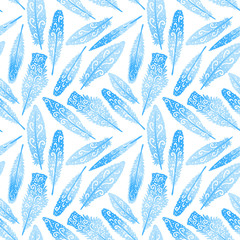 Vector Abstract Winter seamless pattern. Feather blue with curls hand drawing white illustration isolated on white background.