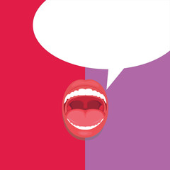 Flat design Vector Illustration Empty esp template copy text for Ad, promotion, poster, flyer, web banner, article. Open Mouth Expressive Surprise Gaping Red Lips Teeth Blank Speech Bubble