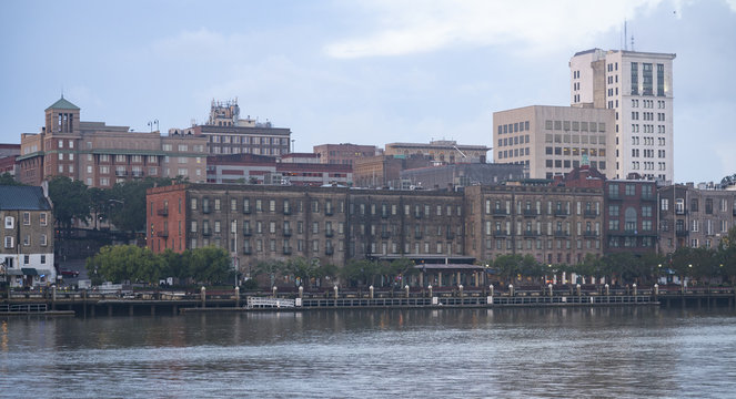 Stately Architecture and Buidlings Line the Waterfront in Savannah Georgia
