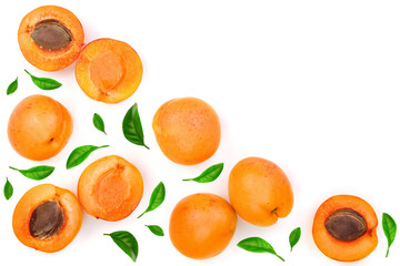 Apricot fruits with leaves isolated on white background with copy space for your text. Top view. Flat lay pattern