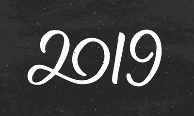 Happy New Year 2019 greeting card design with typography text on black chalkboard background. Vintage vector illustration with hand drawn lettering for Chinese Year of the Pig.