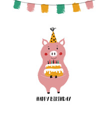 Birthday Card With Funny Pig.