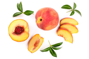 ripe peaches with leaves isolated on white background. Top view. Flat lay pattern