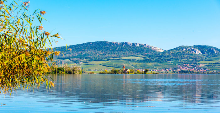 Palava Hills above Nove Mlyny Reservoir on sunny summer day. Palava Protected Landscape Area, Southern Moravia, Czech Republic.
