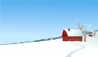 Christmas winter landscape with small settlement