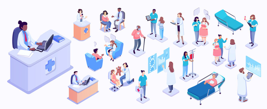 Isometric illustration of medical workers and patients. Hospitals, doctors, patients, reception. healthcare and technology concept