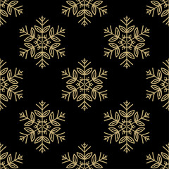 Seamless pattern with golden snowflakes on black background. Seasonal winter collection illustration.